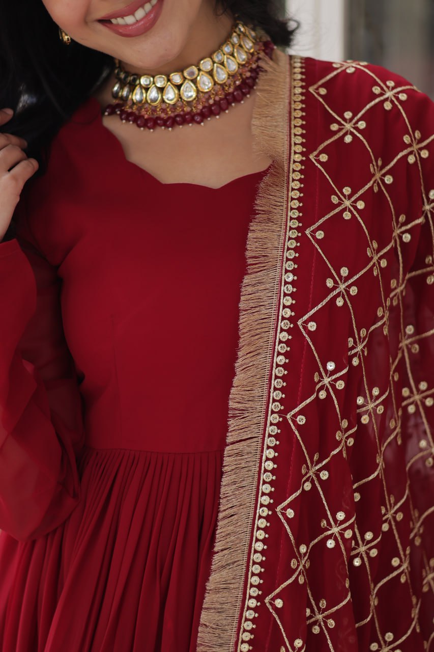 Avishka Maroon Embroidered Anarkali Gown Set
