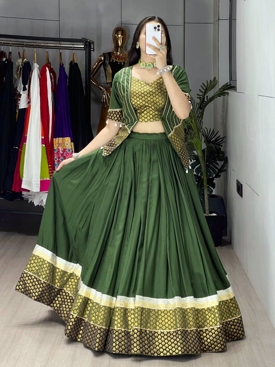 Green Color Pure Rayon Plain Butti Silk Work Lehenga Choli with Gota Patti Koti