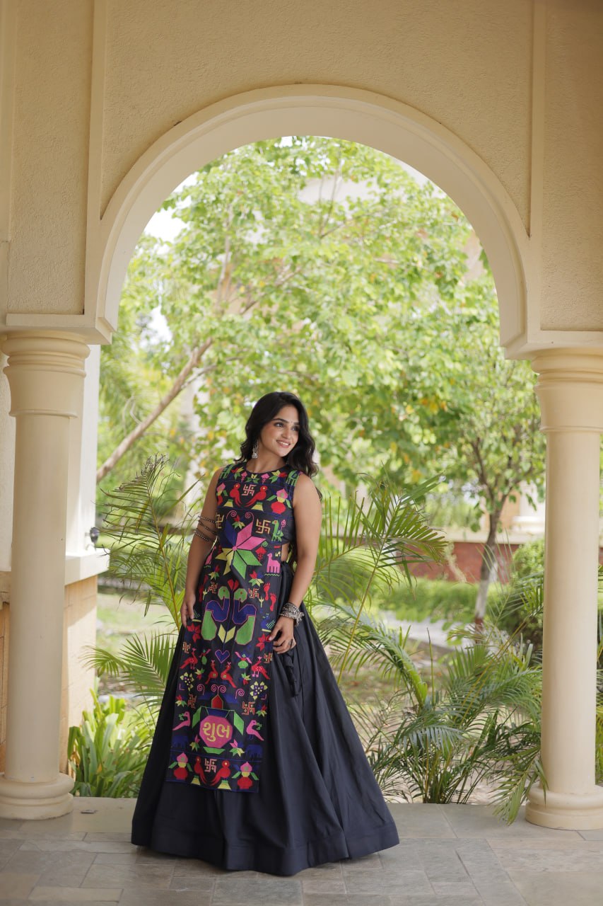 Ekta Black Cora Cotton Gamthi Embroidered Lehenga Choli