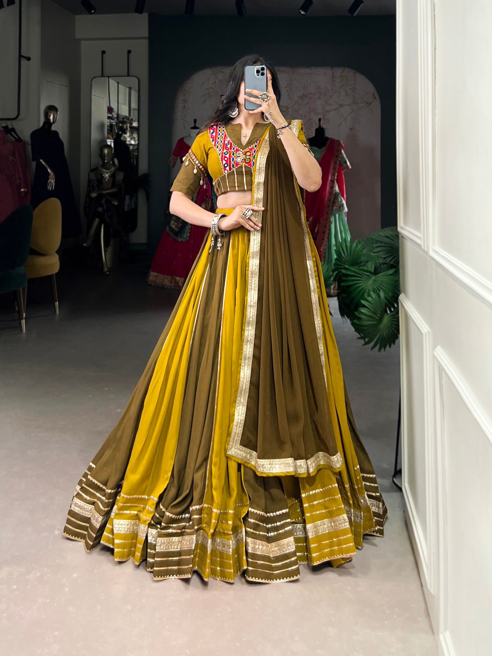 Mustard Yellow Pure Rayon Mirror Gamthi Work Lehenga Choli
