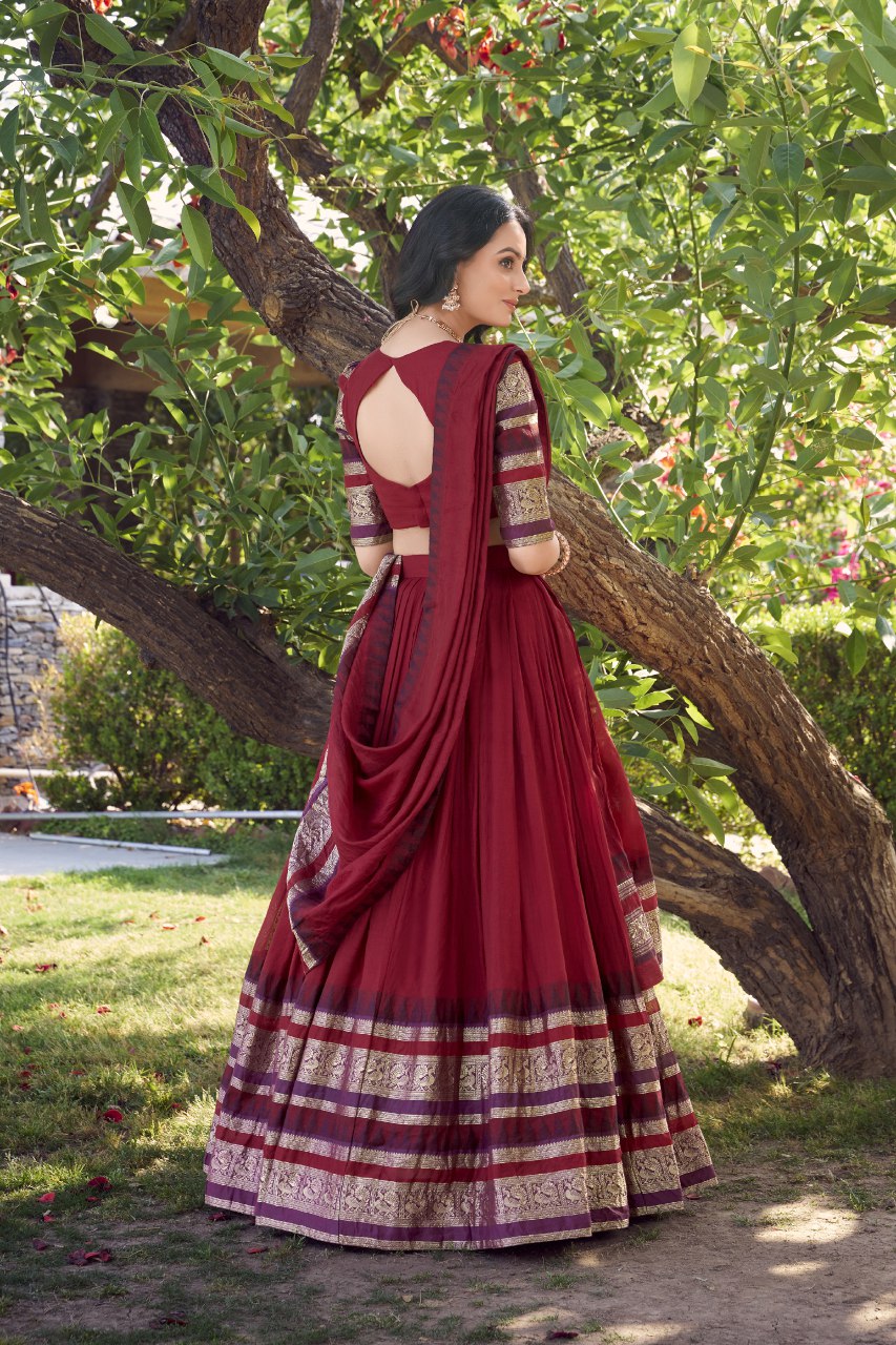 Maroon Pure Chanderi Lehenga Choli with Zari Weaving Work & Dupatta