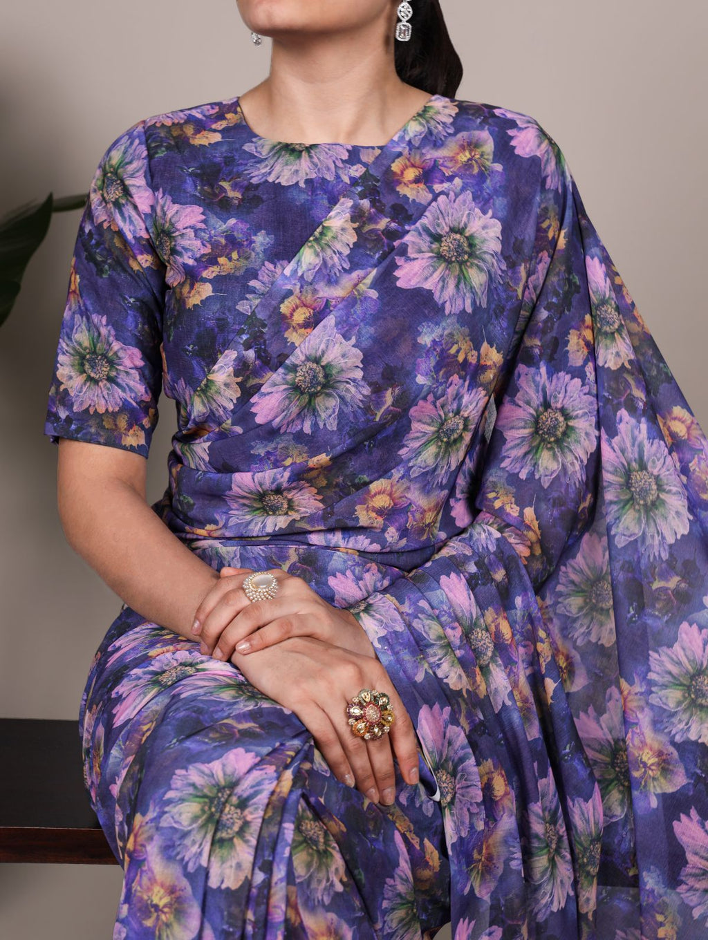 Purple Color Weightless Marble Floral Print Saree with Unstitched Blouse