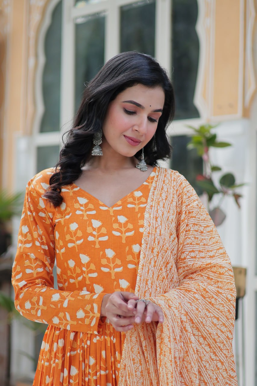 Ridhvini Orange Pure Cotton Printed Anarkali Set
