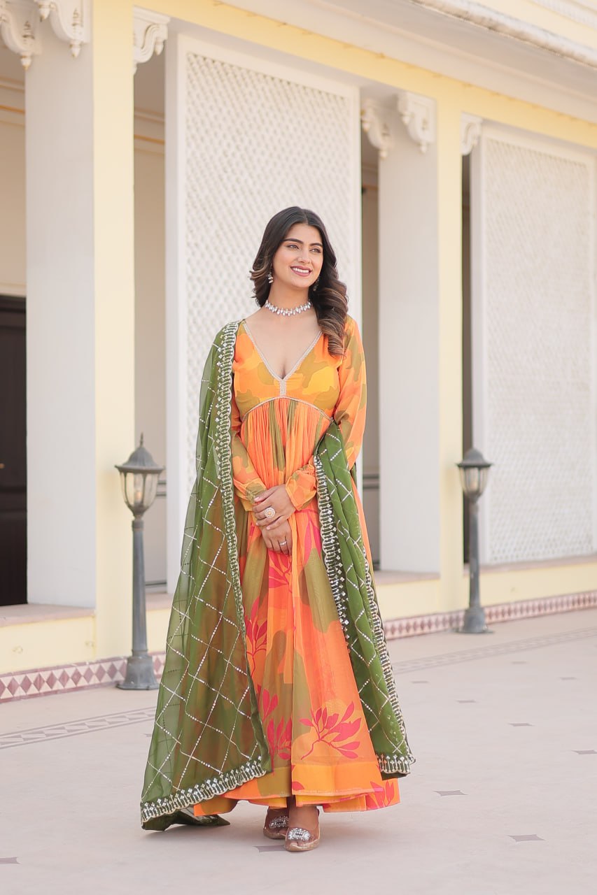 Savitri russian silk printed alia cut orange anarkali suit set