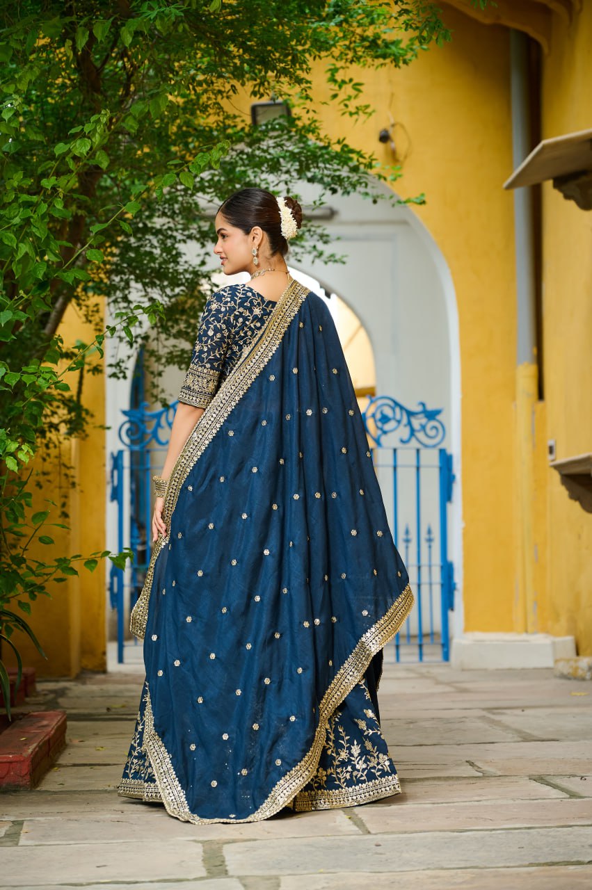 Teal blue Vichitra silk sequins embroidery lehenga choli with dupatta