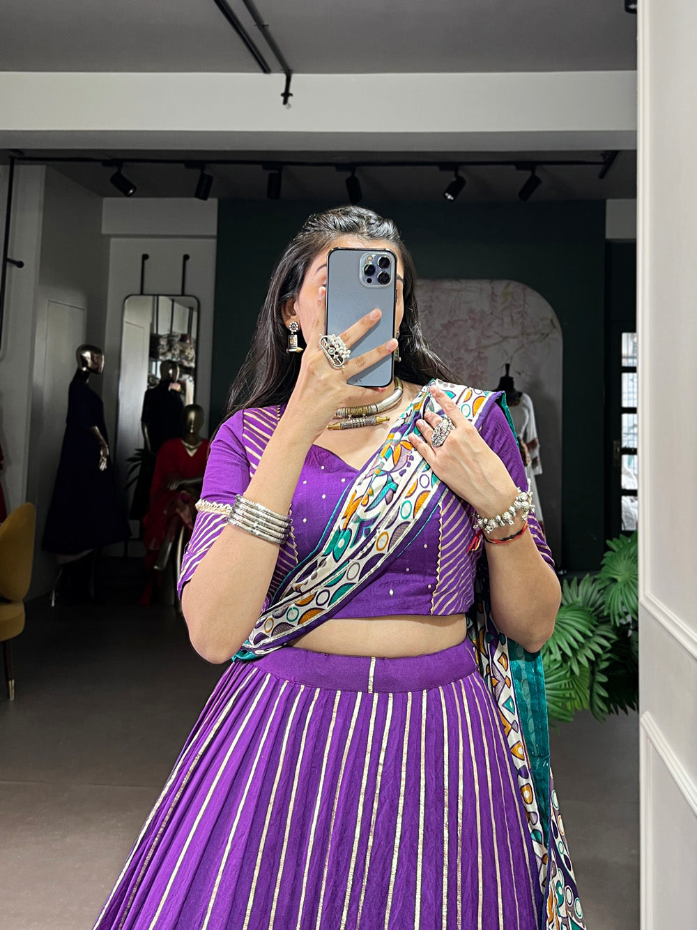 Purple Chanderi Zari Weaving and Embossed Lace Lehenga Choli