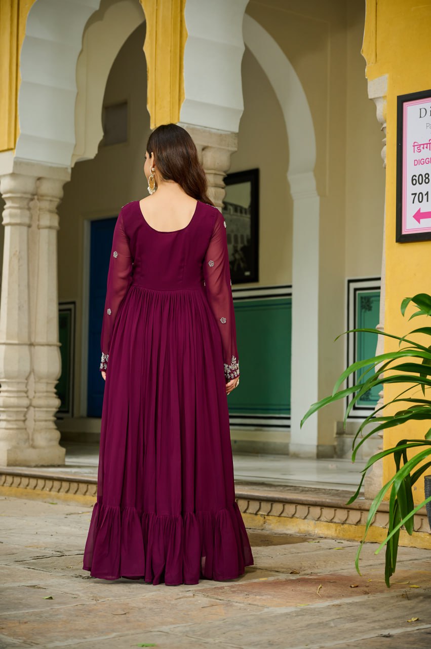 Wine Color Faux Blooming Beads Embroidered Gown with Dupatta