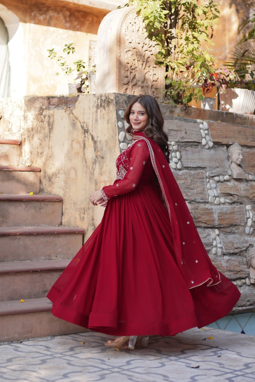 Chamvika Maroon Embroidered Gown Set with Dupatta – long gown for women, party wear gown for wedding, Indian gown for women, maroon gown for engagement, full sleeve ethnic gown, designer gown with dupatta, sequin gown for festival, traditional wear for women, Indo western gown online, stylish Indian dress for sangeet function, ready-to-wear ethnic gown for women.