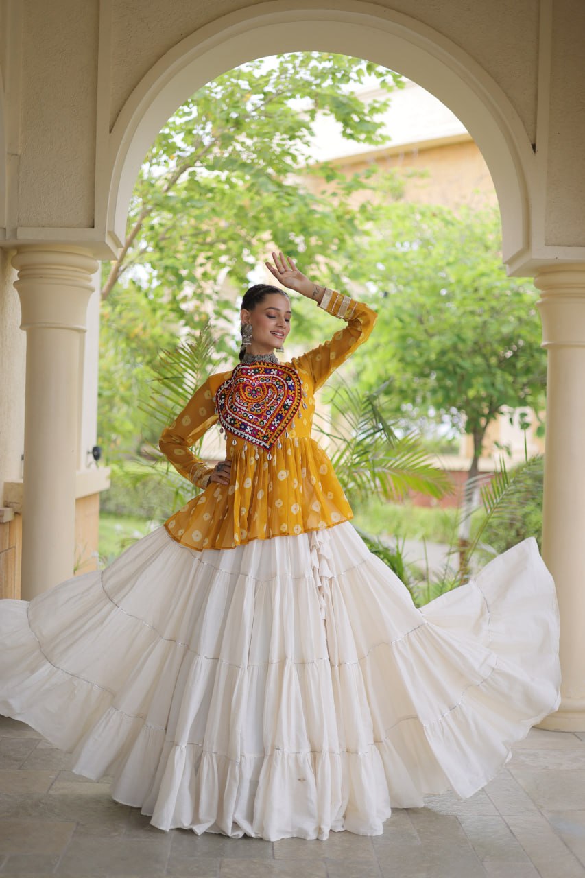 Charvi Yellow Kora Cotton Bandhni Kutchi Gamthi Lehenga
