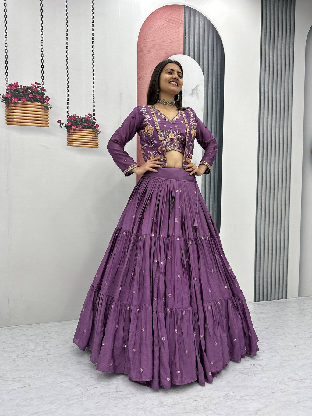 Purple chinon embroidered crop top lehenga with designer jacket