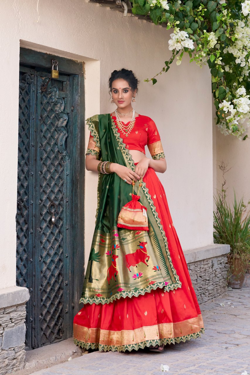 Red Jacquard Silk Paithani Lehenga Choli with Dupatta & Batwa