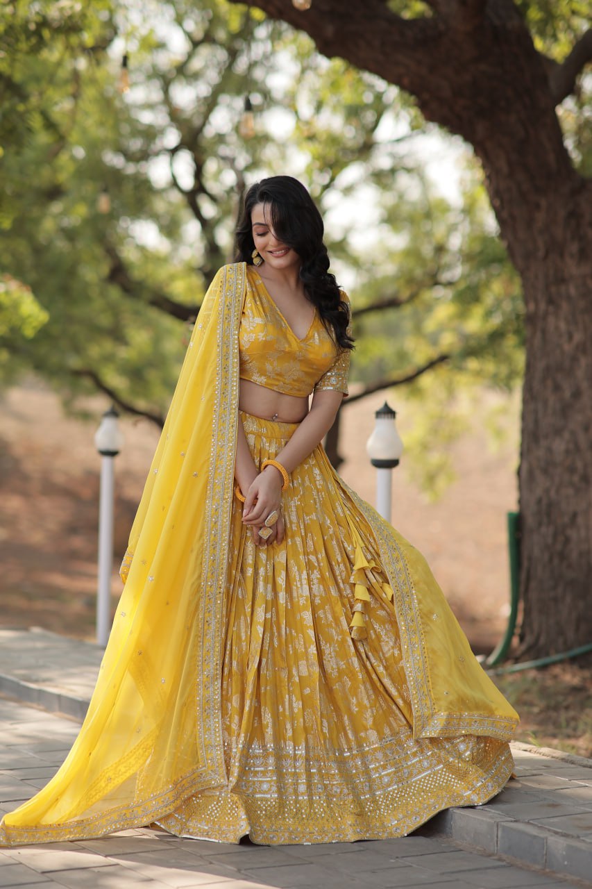 Pranshi yellow viscose jacquard lehenga choli set