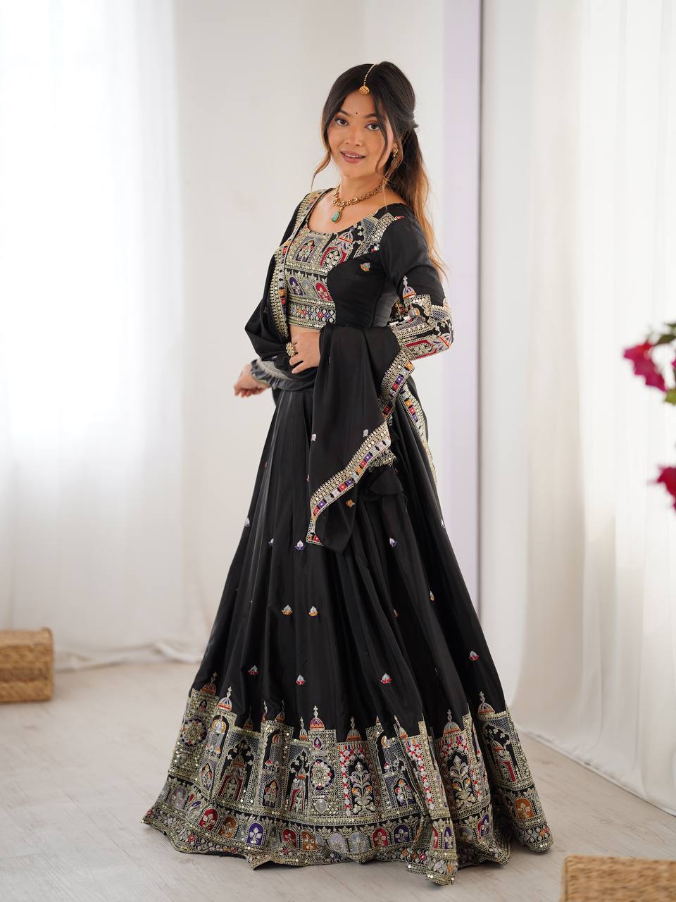 Kavyani Black Natural Crepe Silk Lehenga Choli Set – semi-stitched lehenga with 3-meter flare, canvas patta, cancan, and heavy embroidery in coding dori, thread, and sequins; paired with embroidered dupatta and unstitched matching choli – perfect for weddings, receptions, Diwali, and festive occasions.