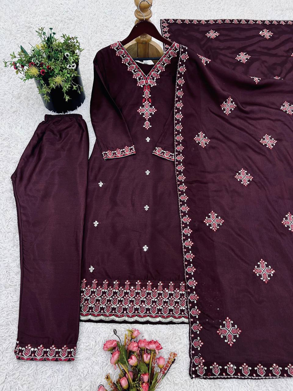 Anvitha Pure Chinon Silk Brown Kurti Set with Dupatta