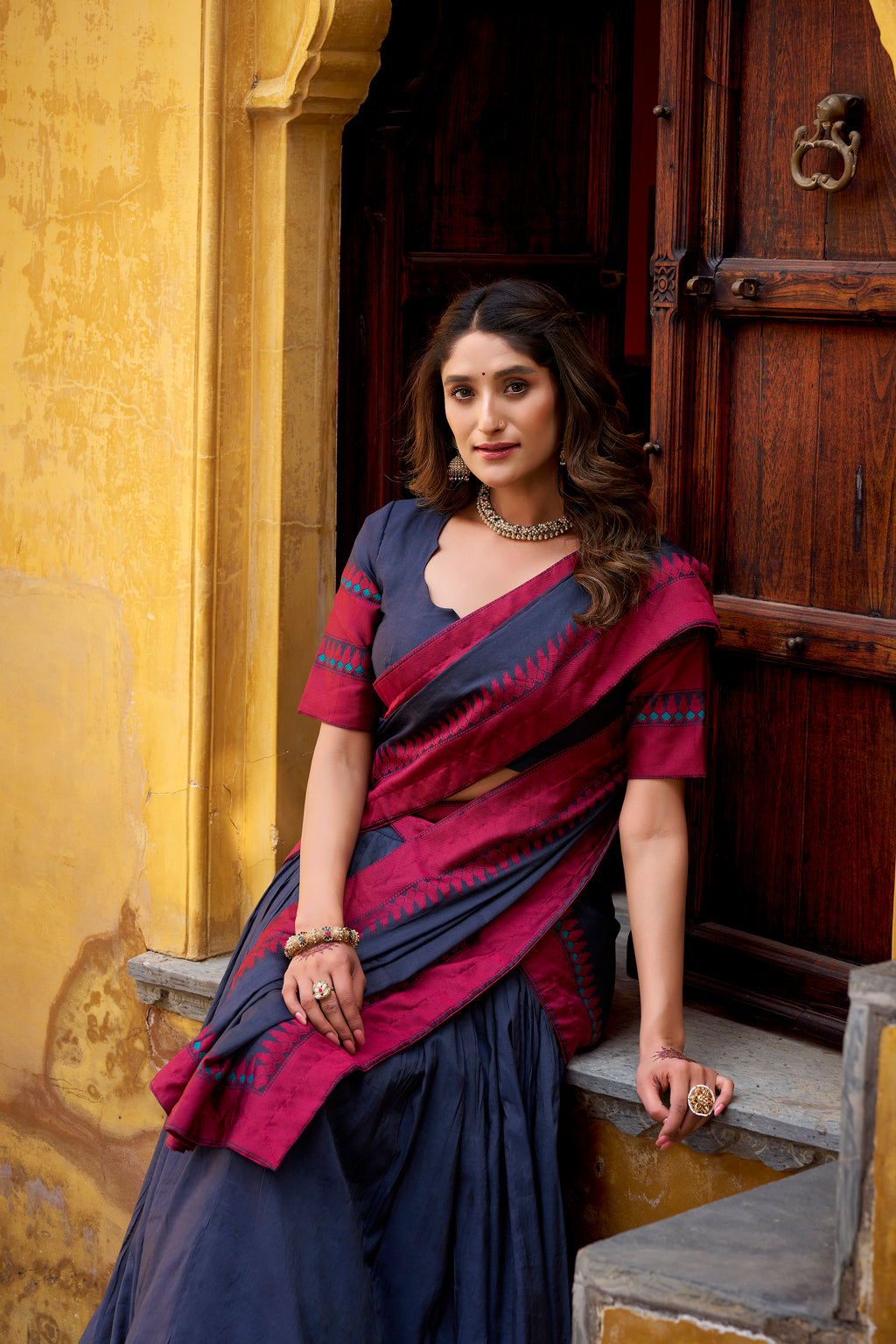 Swastika navy blue pure Chanderi thread work half saree lehenga