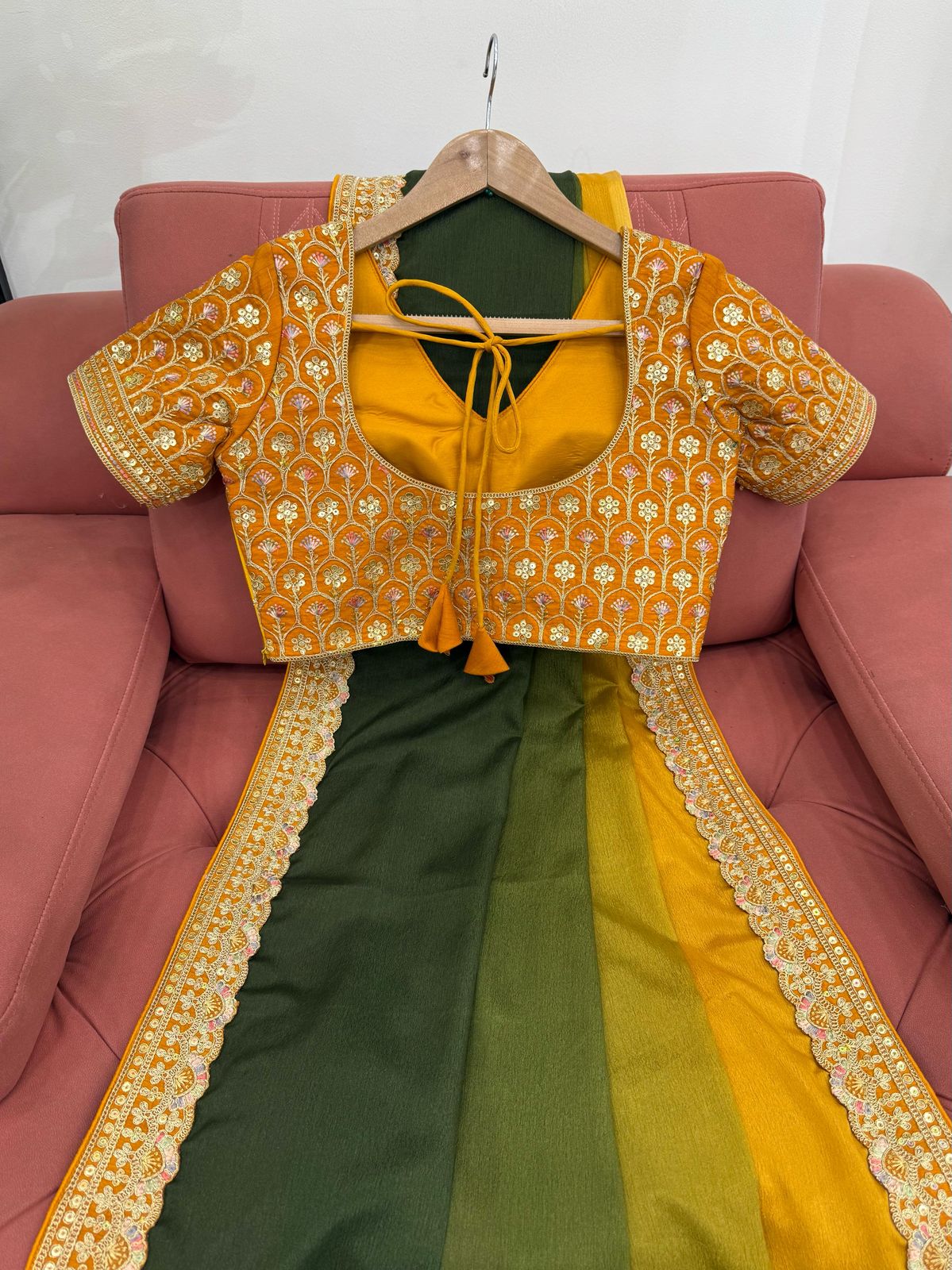 Shanvika yellow green pure Chinon silk saree featuring intricate thread embroidery and sequin lace border, paired with unstitched Mono Benglori embroidered blouse fabric – ideal for weddings, festive occasions, and party wear 