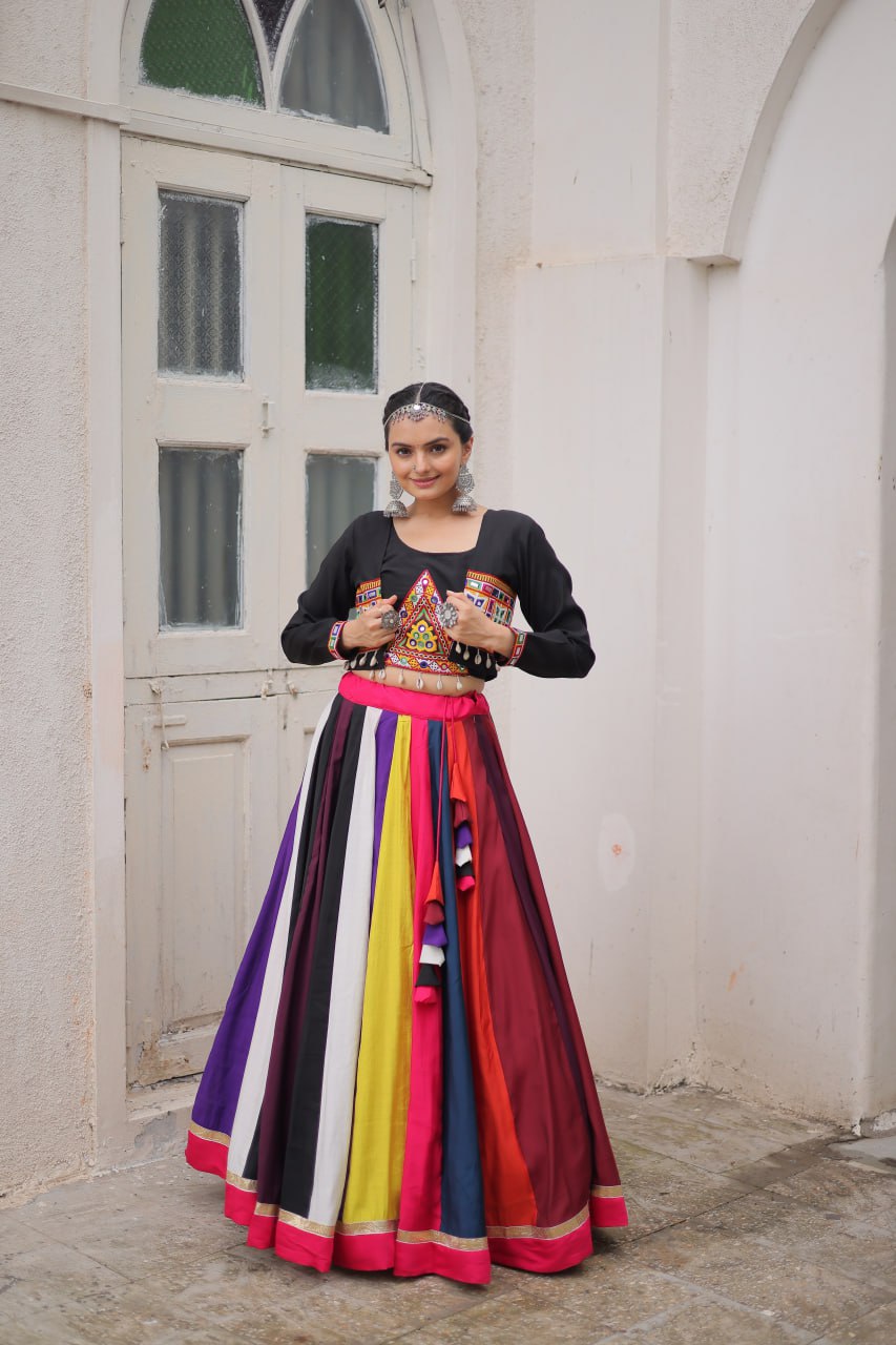 Multicolor Pure Rayon Navratri Lehenga Choli with Koti Style Blouse