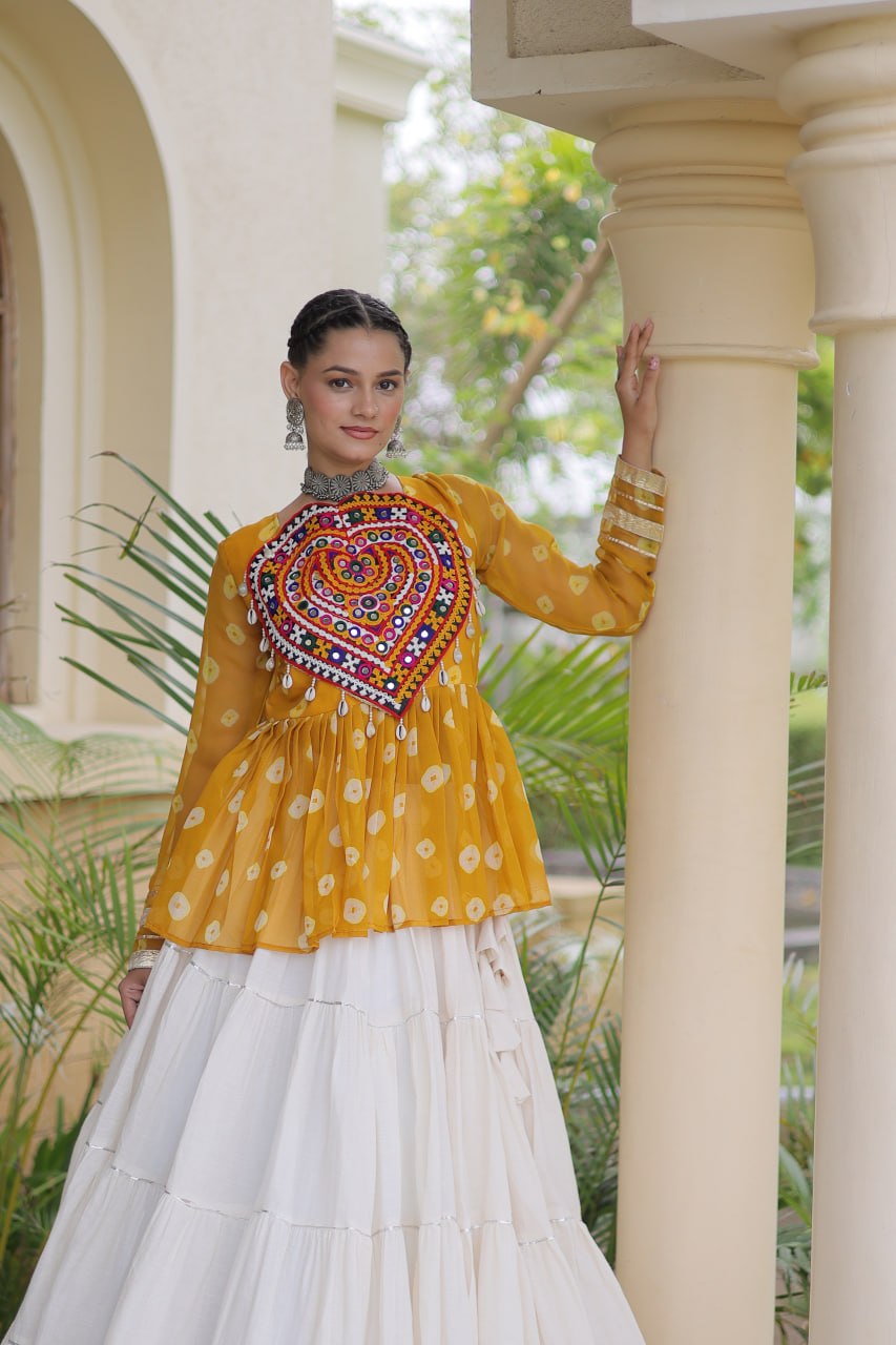 Charvi Yellow Kora Cotton Bandhni Kutchi Gamthi Lehenga