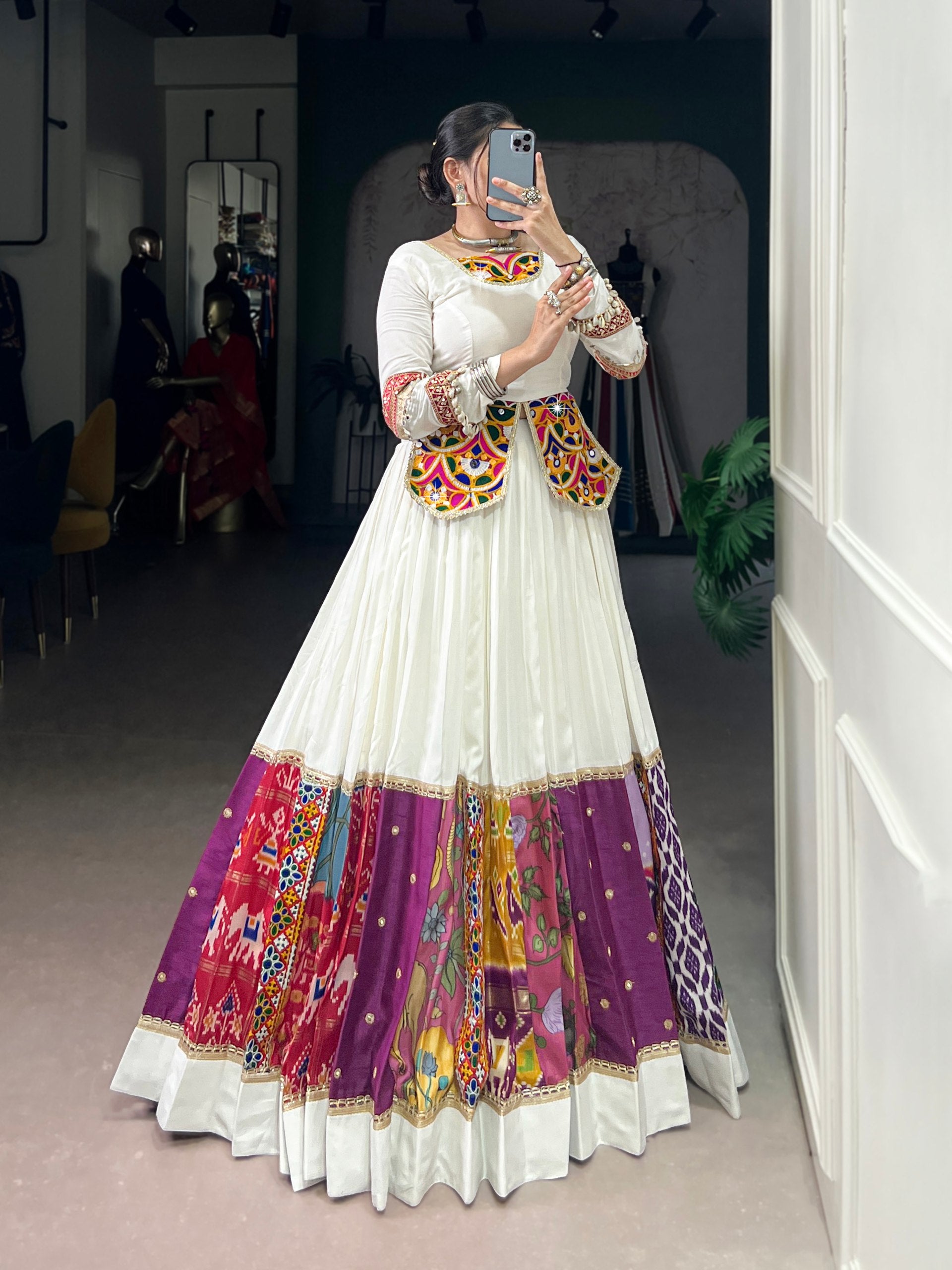 White Multicolor Pure Rayon Mirror Gamthi Work Patch Design Lehenga Choli