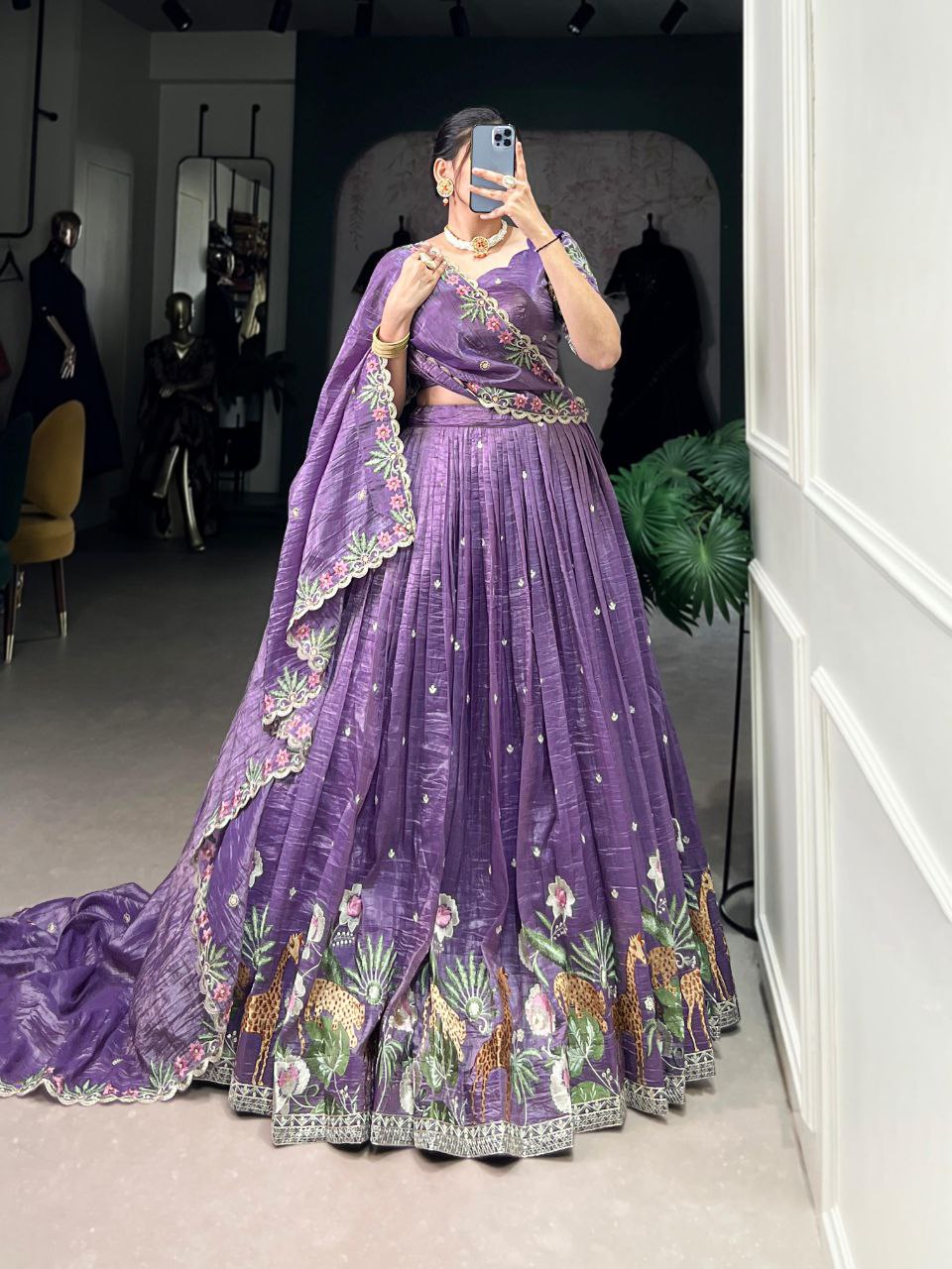 Purple sequins thread embroidered gold crush lehenga choli for wedding functions