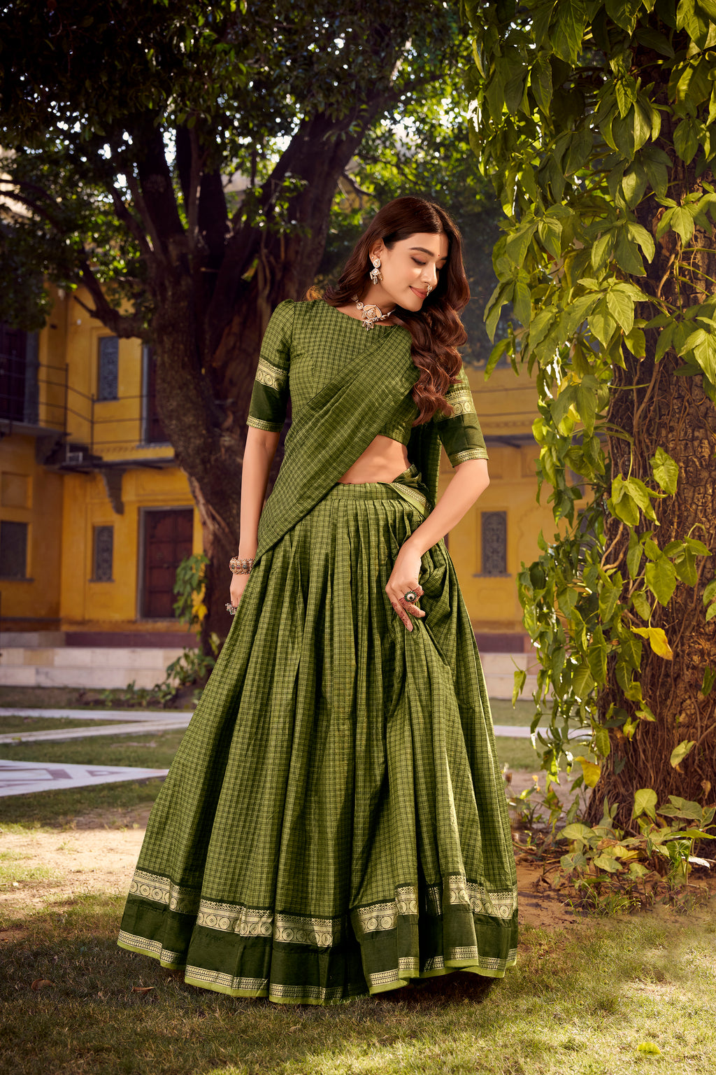 Rimi Green Color Chettinad Cotton Chex With Zari Weaving Work Half-Saree Lehenga