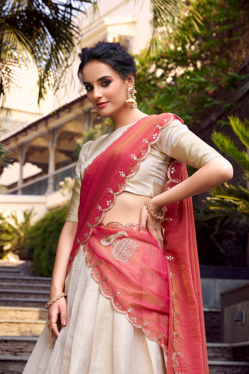 Off white jacquard zari weaving lehenga choli