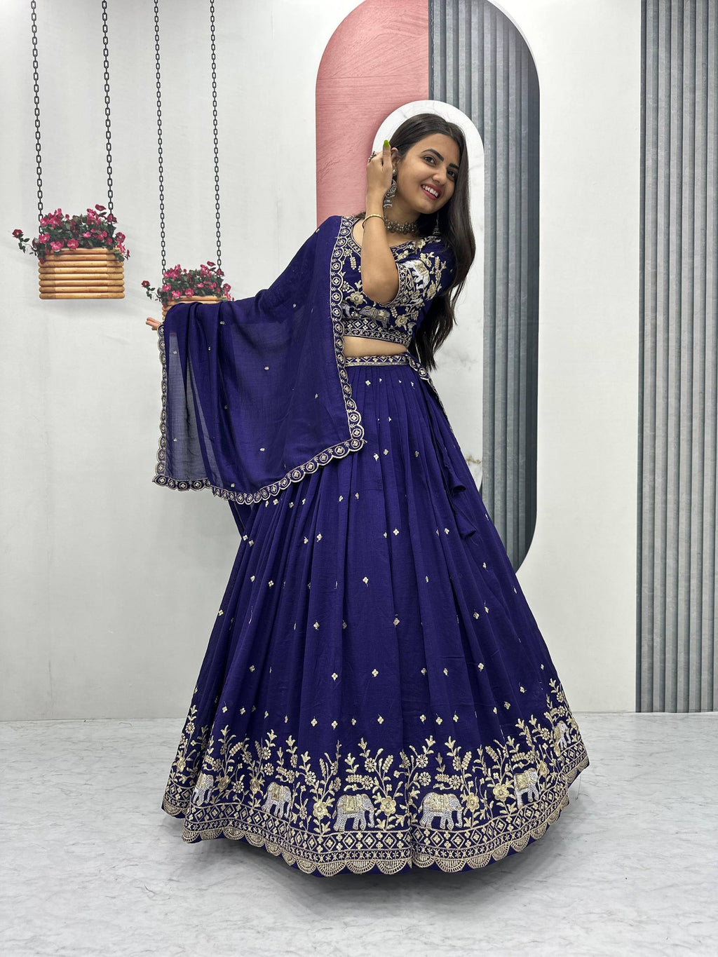 Gopi Navy Blue Vichitra Silk Embroidery Sequins Thread Work Lehenga Choli