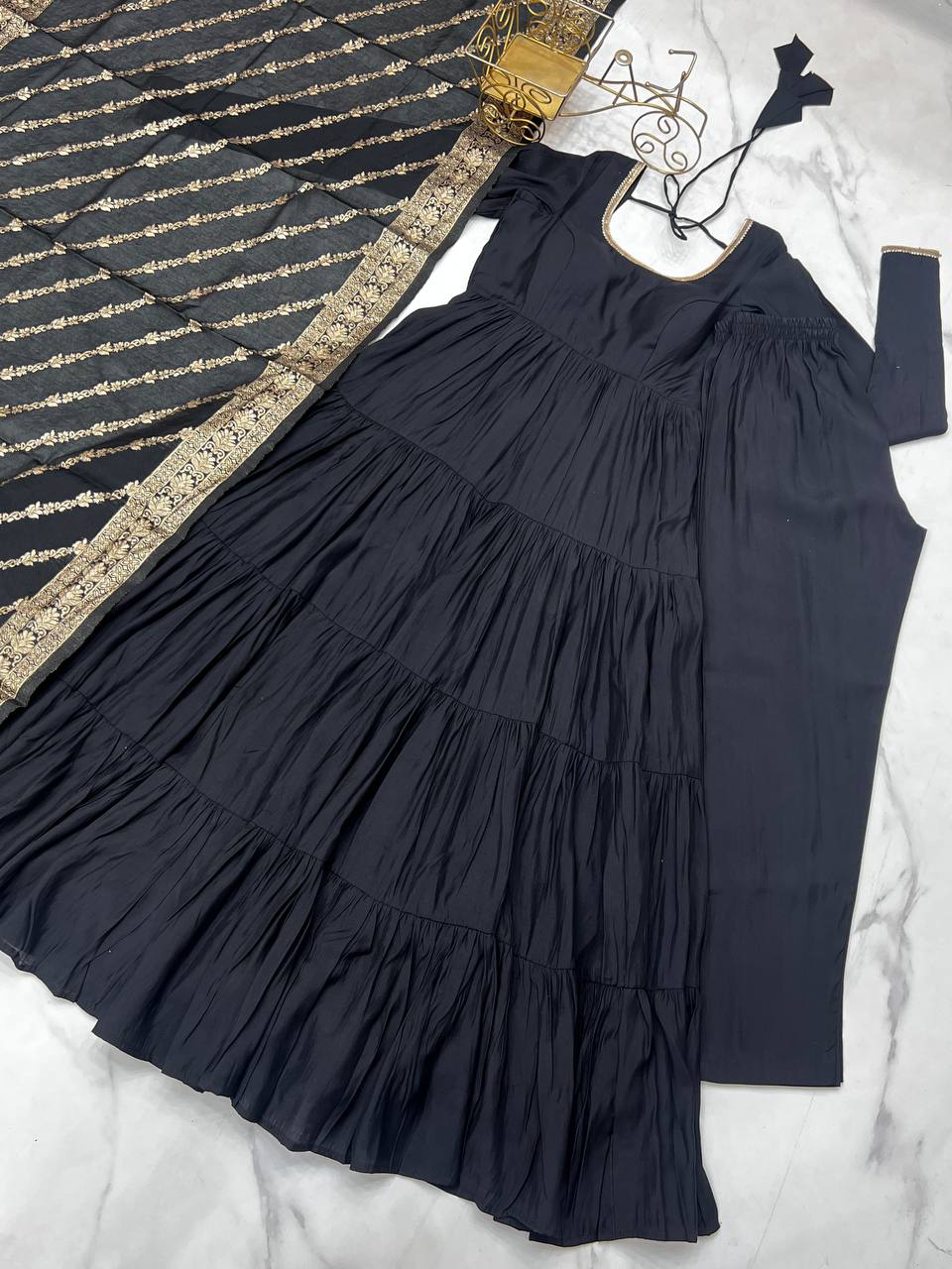 Ashika Roman Silk Flared Black Anarkali Suit