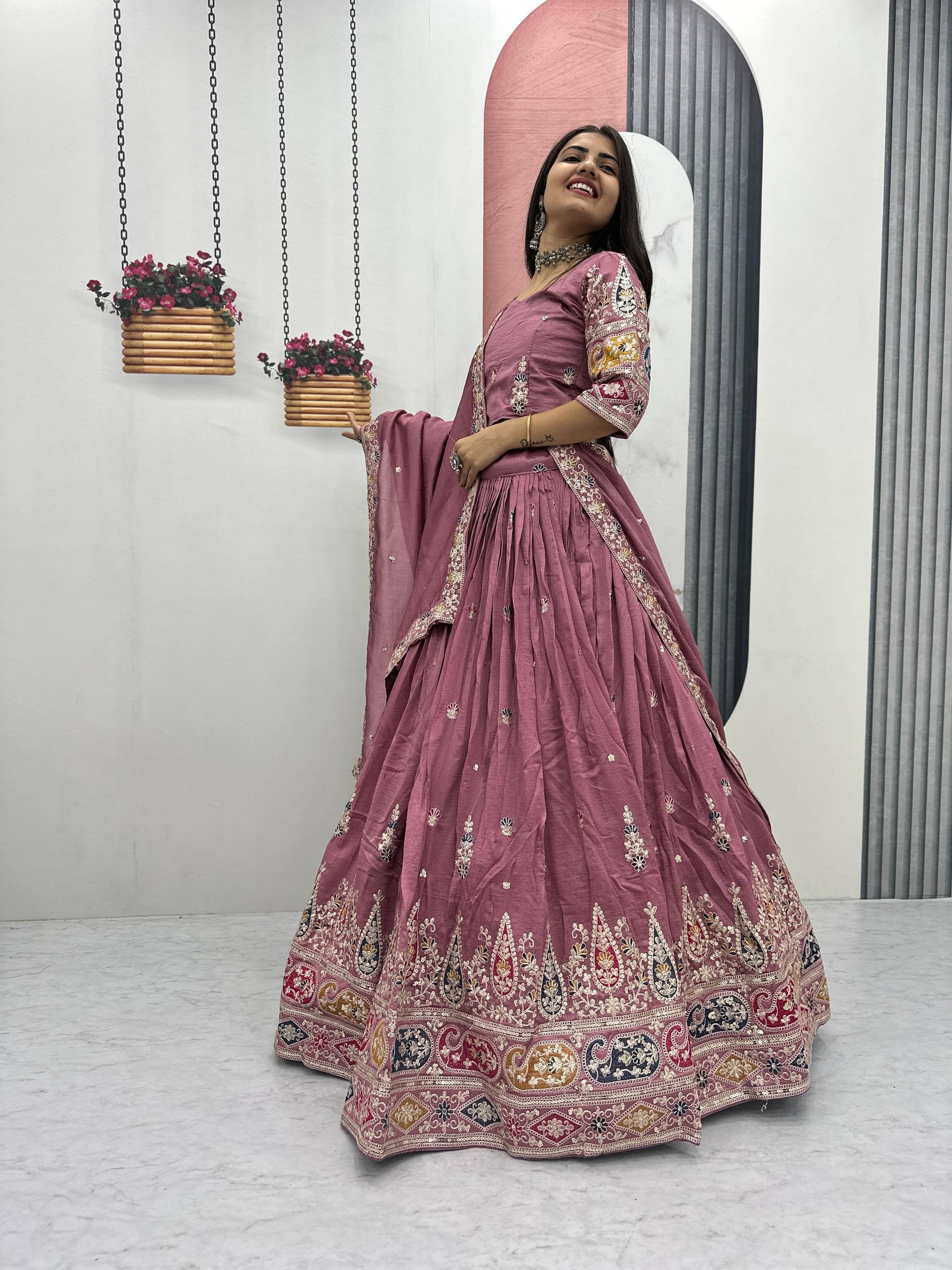 Raji Mauve Pink Vichitra Silk Embroidery Sequins Thread Work Lehenga Choli with Dupatta
