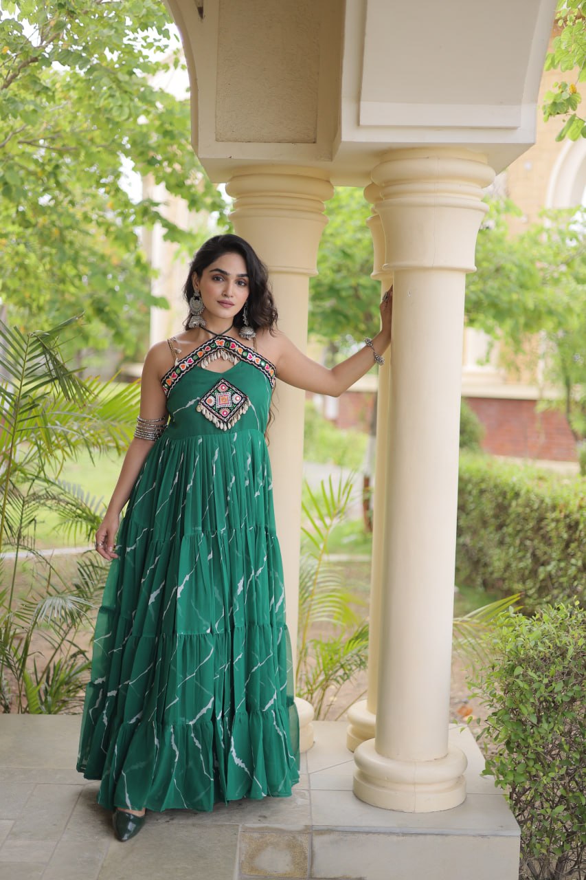 Bhavna Green Faux Georgette Laheriya Kutchi Patchework Gown
