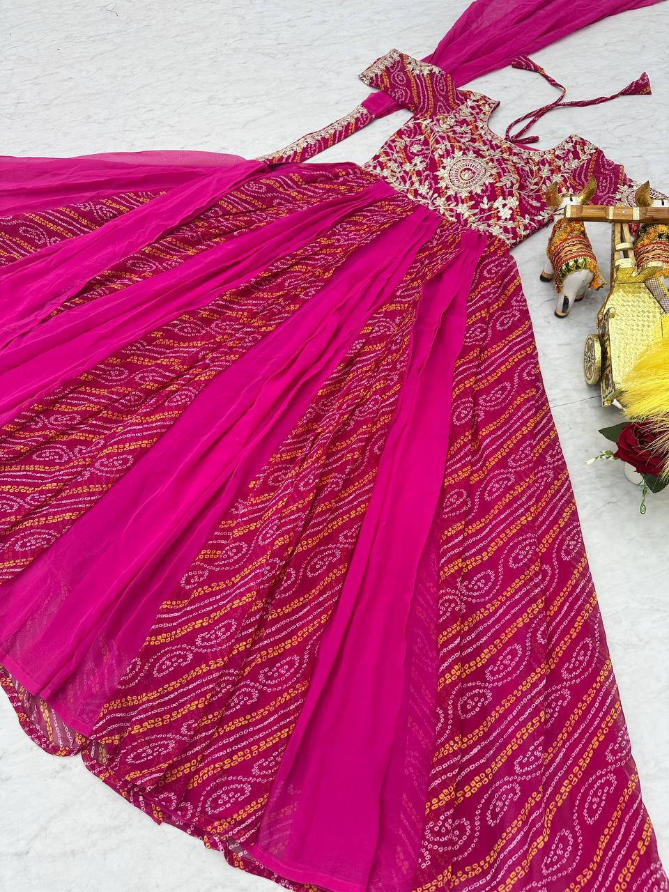 Saanvi Pure Bandhej Georgette Embroidered Gown Set