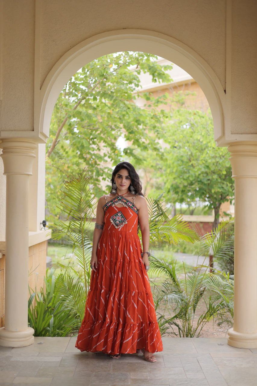 Bhavna Orange Faux Georgette Laheriya Kutchi Patchework Gown