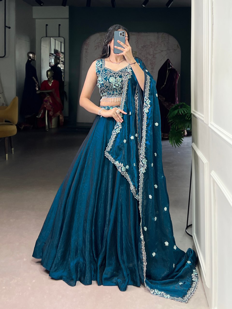 Teal blue fendi silk lehenga choli with embroidery sequins thread work and dupatta