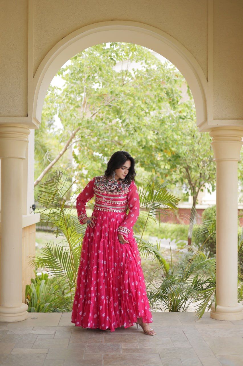 Lavanya Pink Faux Georgette Bandhani Kutchi Patchwork Gown