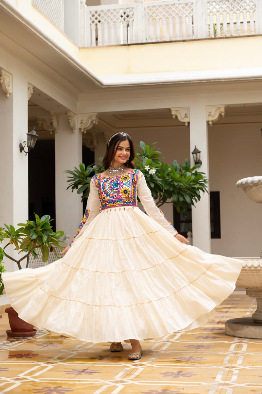 Off-White Kora Cotton Kutchi Gamthi Mirror Work and Kodi Lace Gown