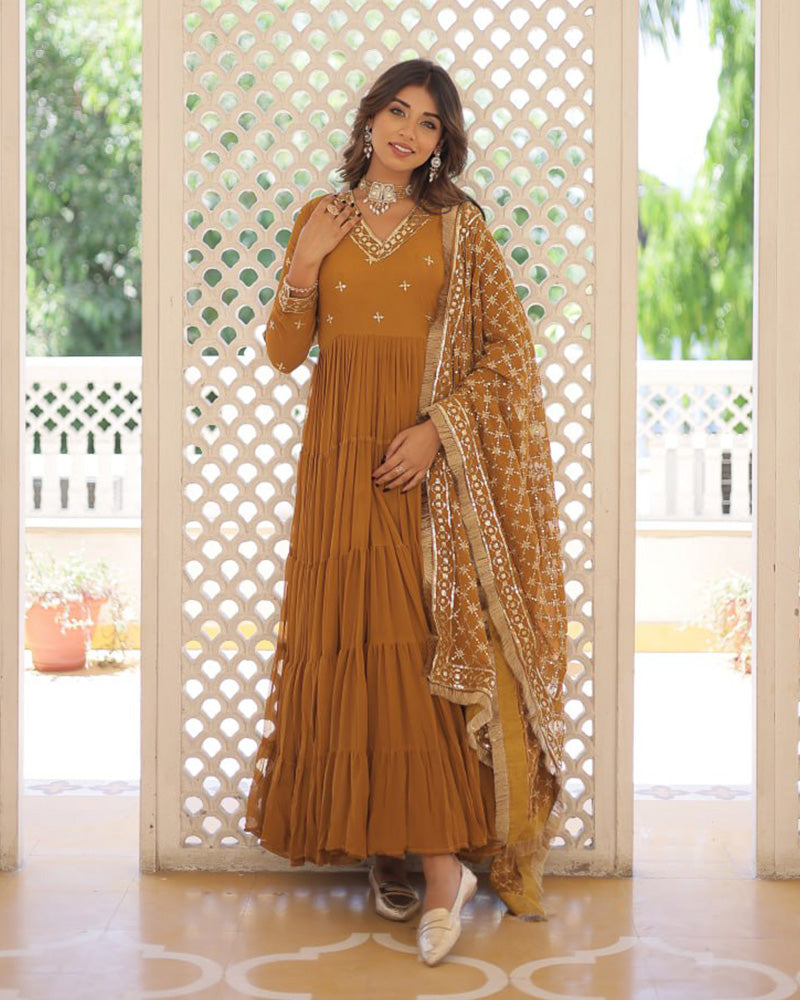 Ridhika mustard yellow georgette anarkali gown suit set