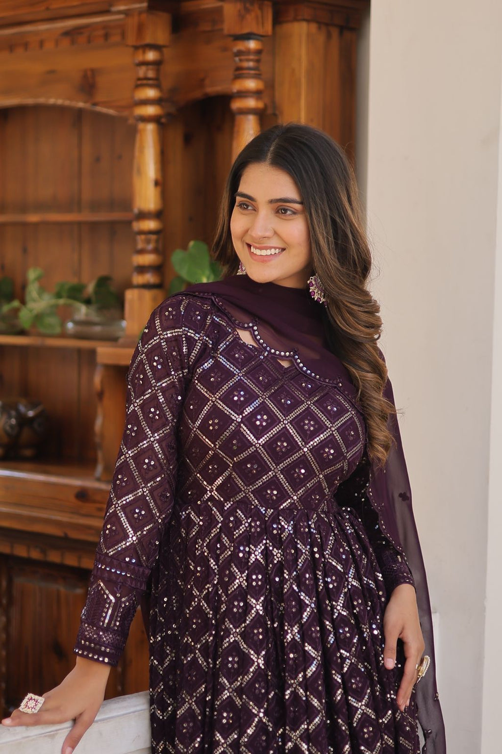 Royal purple blossom floral gown with dupatta
