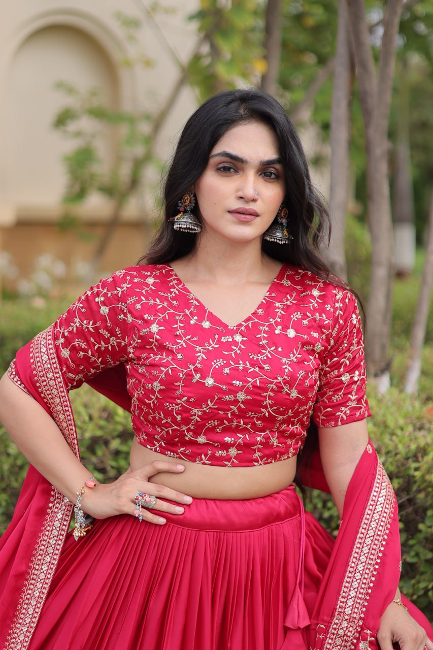 Subhadra Pink Glory Satin Embroidery Zari Sequins Lehenga
