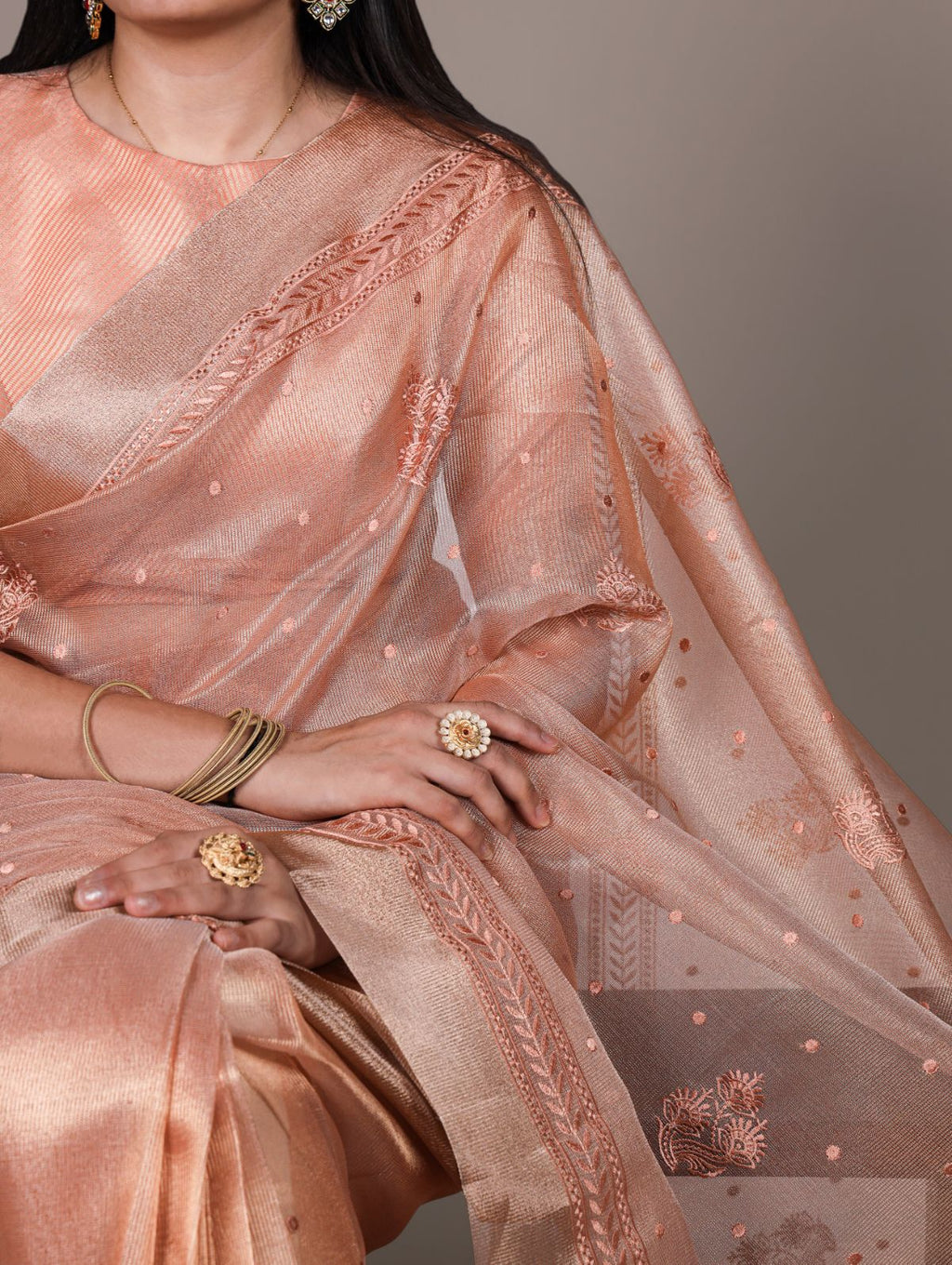 Orange Color Poly Shimmer Thread Embroidered Saree with Unstitched Blouse