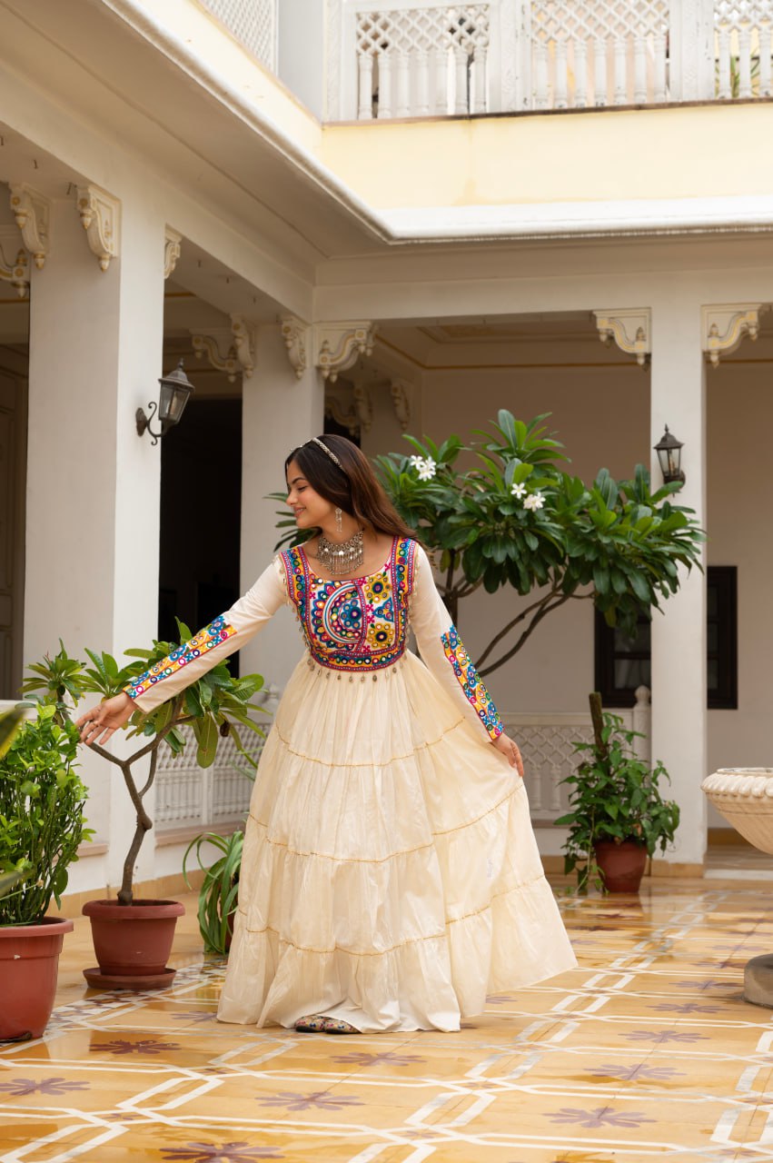Off-White Kora Cotton Kutchi Gamthi Mirror Work and Kodi Lace Gown