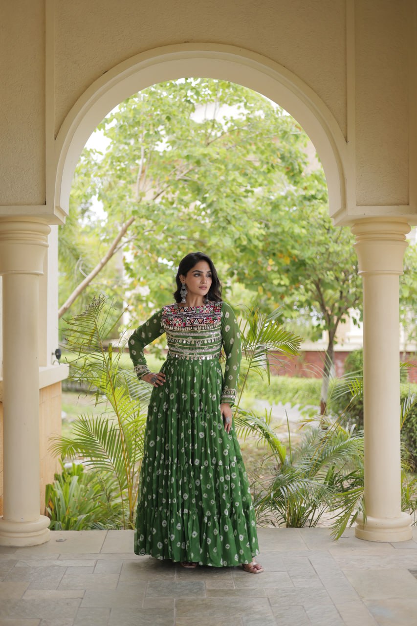 Lavanya Green Faux Georgette Bandhani Kutchi Patchwork Gown