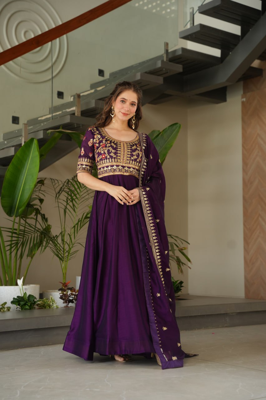 Aadishri Purple Silk Sequins Embroidered Gown
