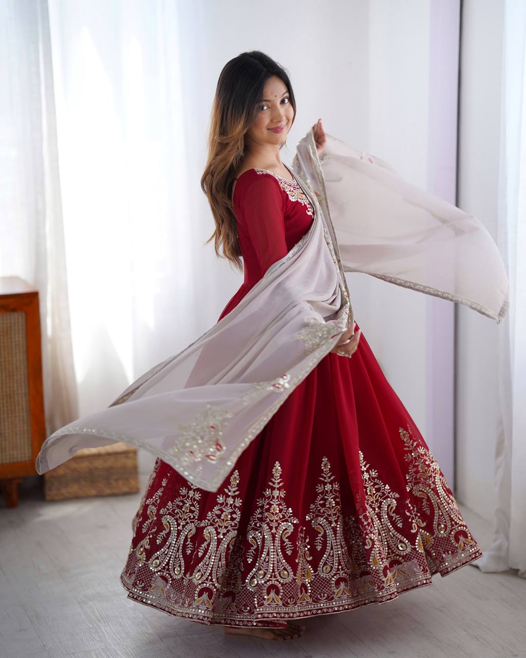 Tejvini Maroon Embroidered Gown Set – heavy georgette gown with multi-thread 5mm sequin embroidery, full sleeves, soft micro cotton lining, paired with matching maroon embroidered dupatta and stitched cotton bottom – ideal for weddings, festive events, and reception looks.