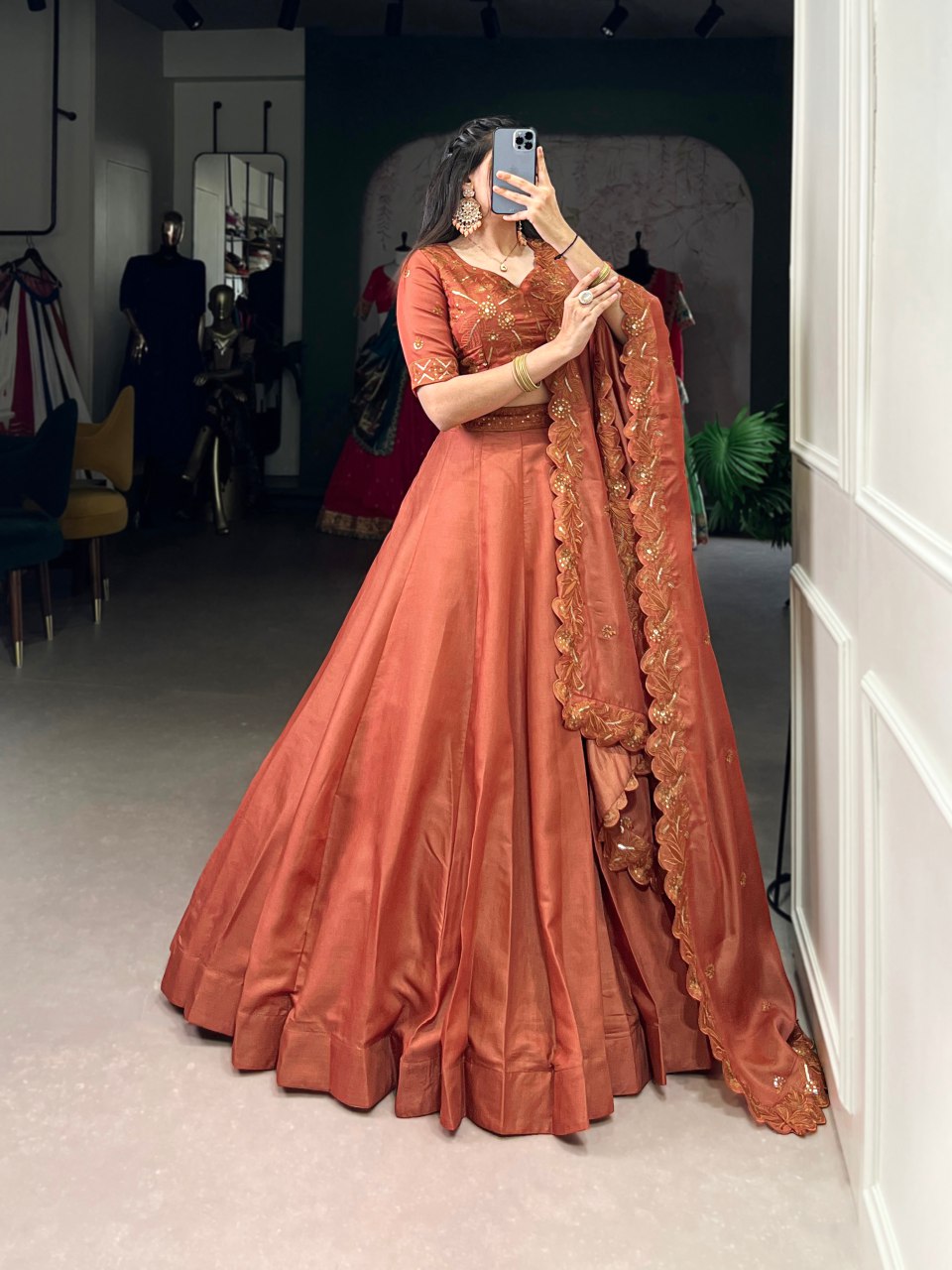 Rust orange Tussar silk sequins and thread embroidery lehenga choli