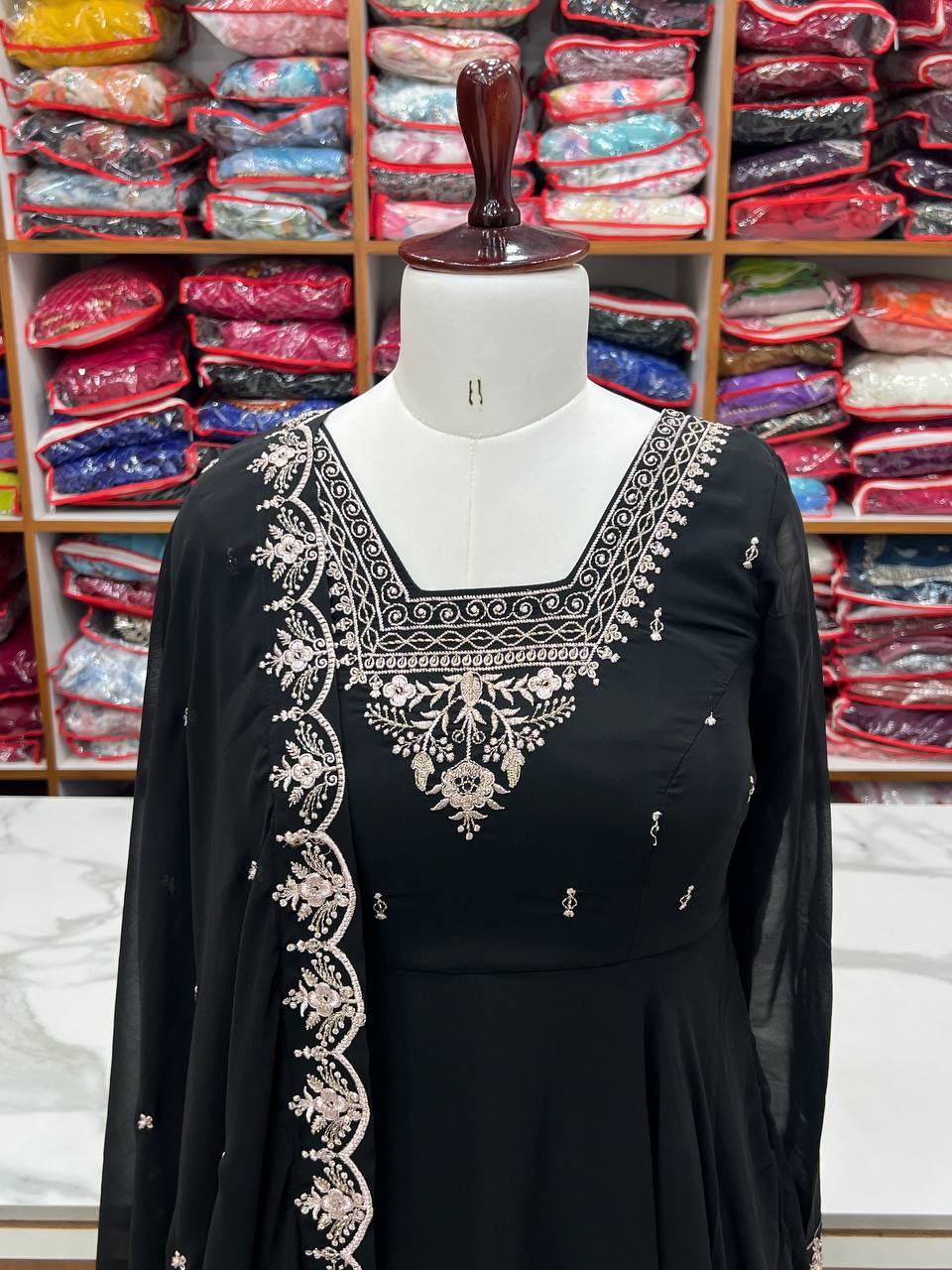 black Anarkali suit in soft Fox Georgette with 6.5-meter flair, beads & zari embroidery, lace sleeves & embroidered dupatta – stitched & ready-to-wear.