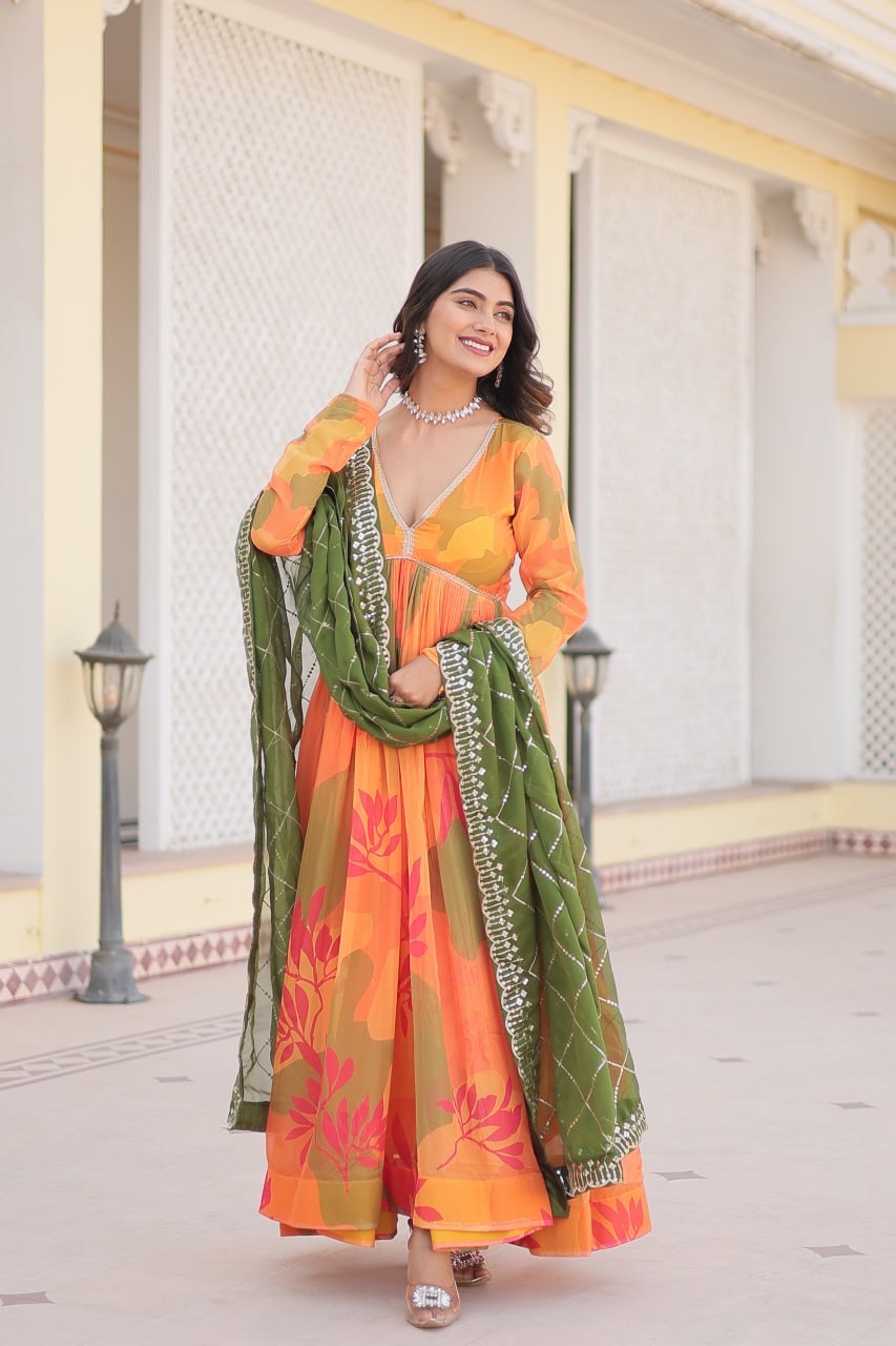 Savitri russian silk printed alia cut orange anarkali suit set