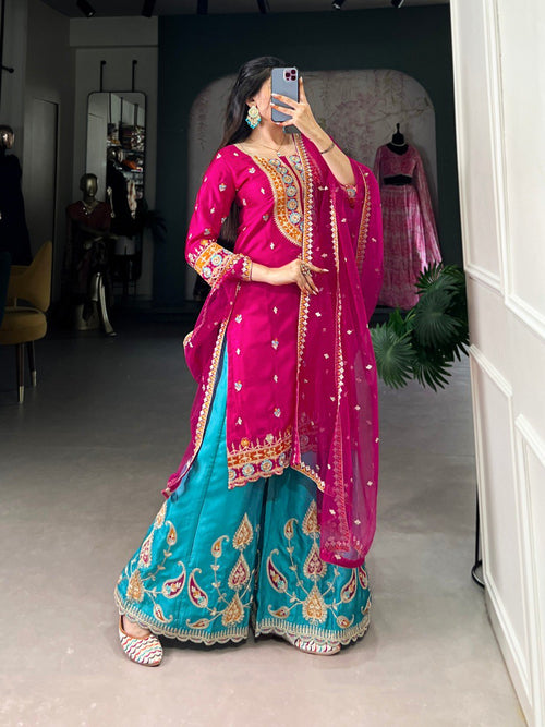 Anuttara pink embroidered silk kurti sharara set