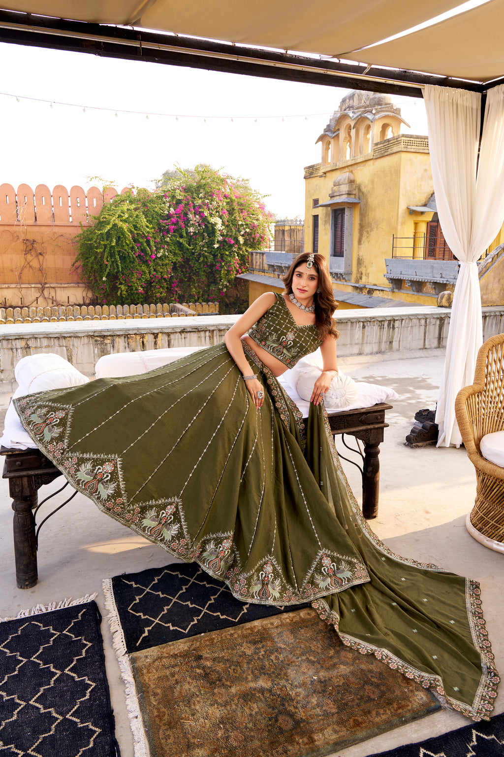 Zarakh Olive Green Crush Silk Sequins and Thread Embroidery Work Lehenga Choli