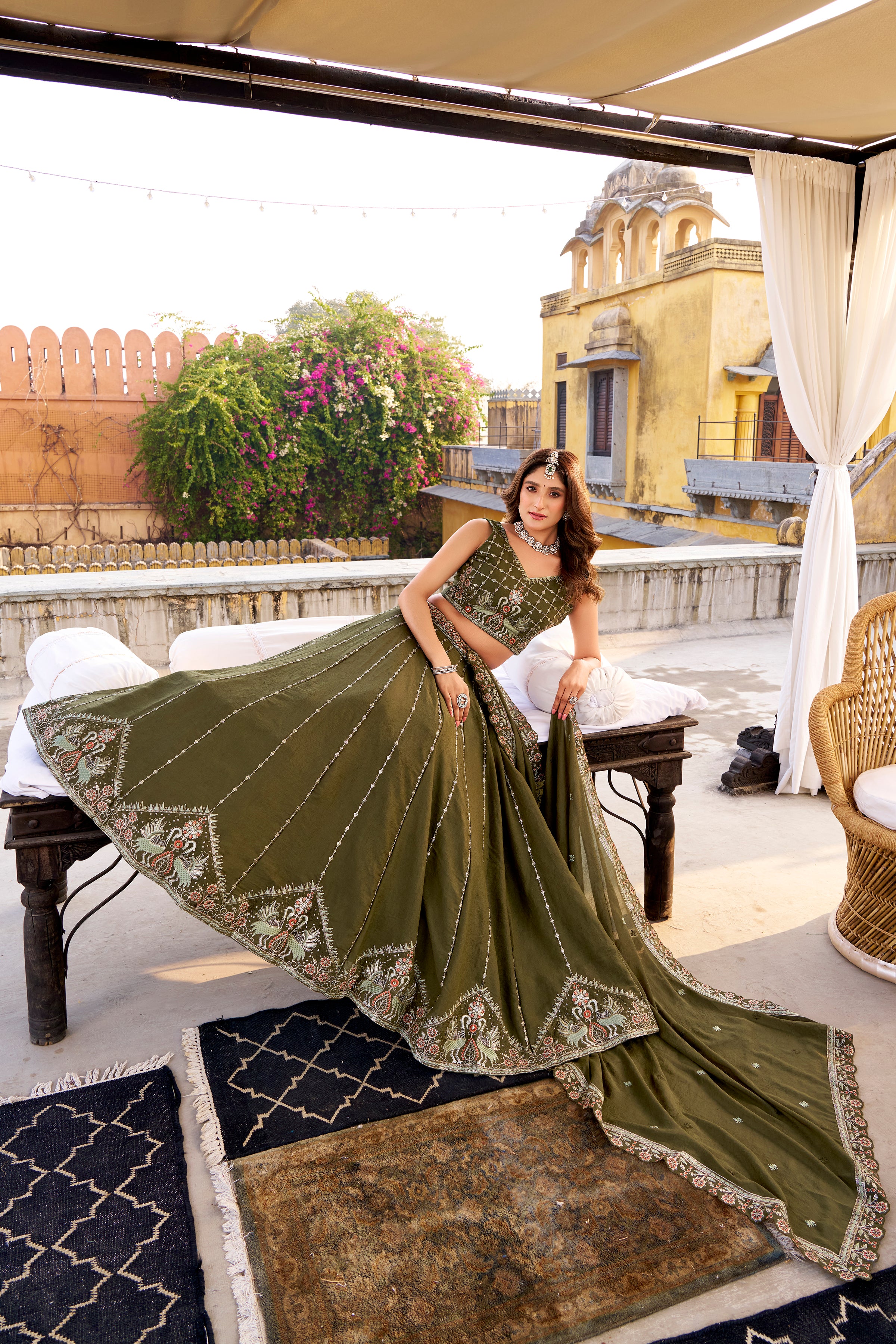 Zarakh Olive Green Crush Silk Sequins and Thread Embroidery Work Lehenga Choli