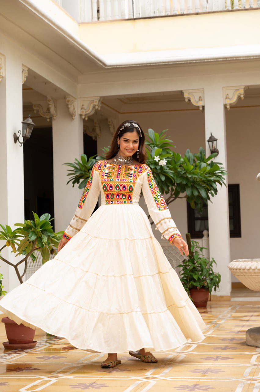 Off-White Kora Cotton Kutchi Gamthi Mirror Work and Kodi Lace Gown